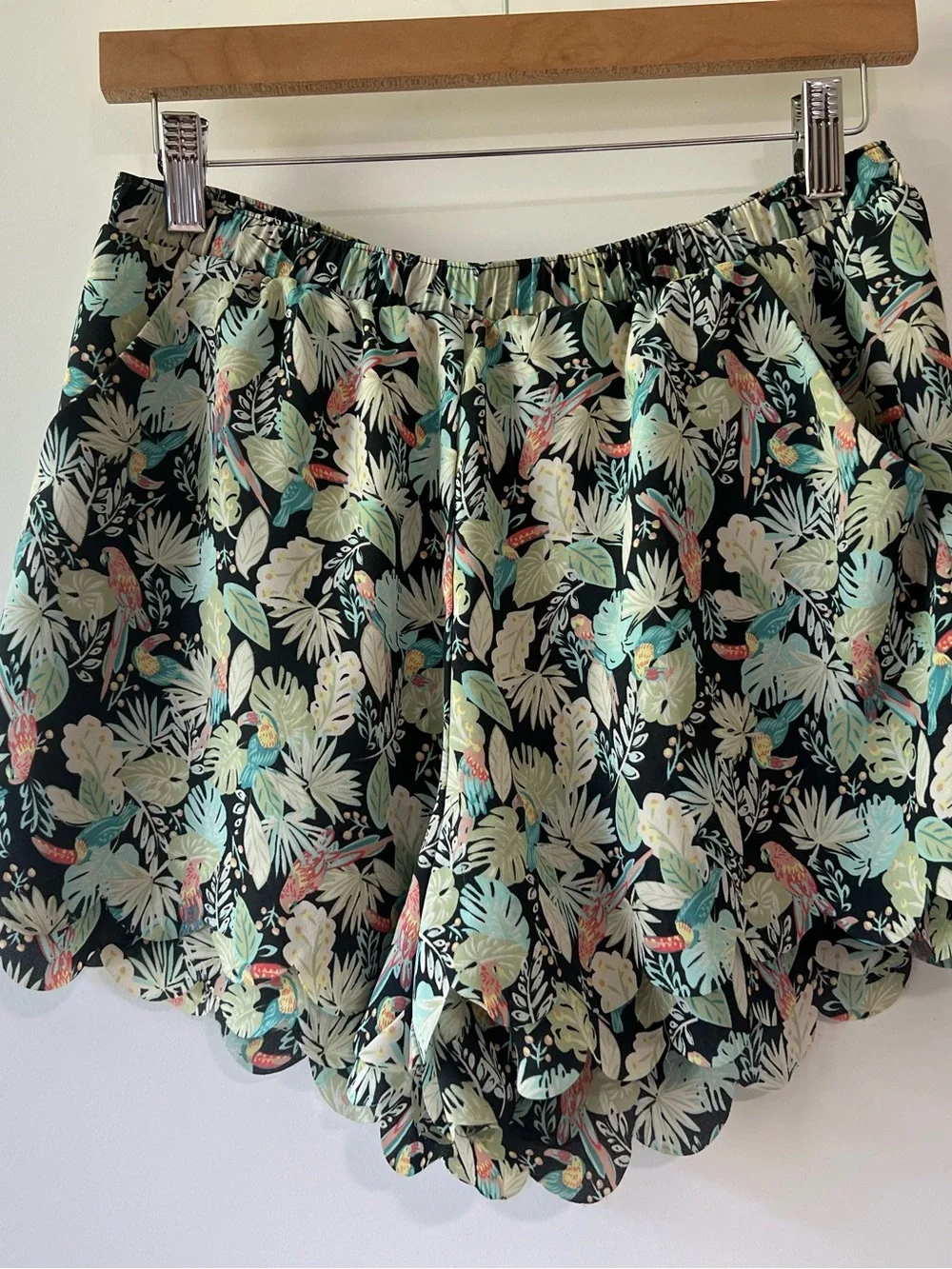 High Waisted Tropical Beach Scalloped Lined Shorts Blue Green Floral Birds S